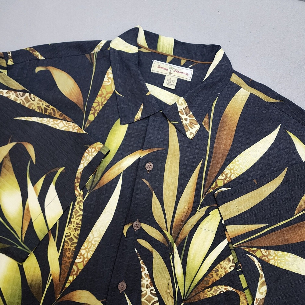 Tommy Bahama Shirt Black Tropical Leaf Silk Button Up Mens L